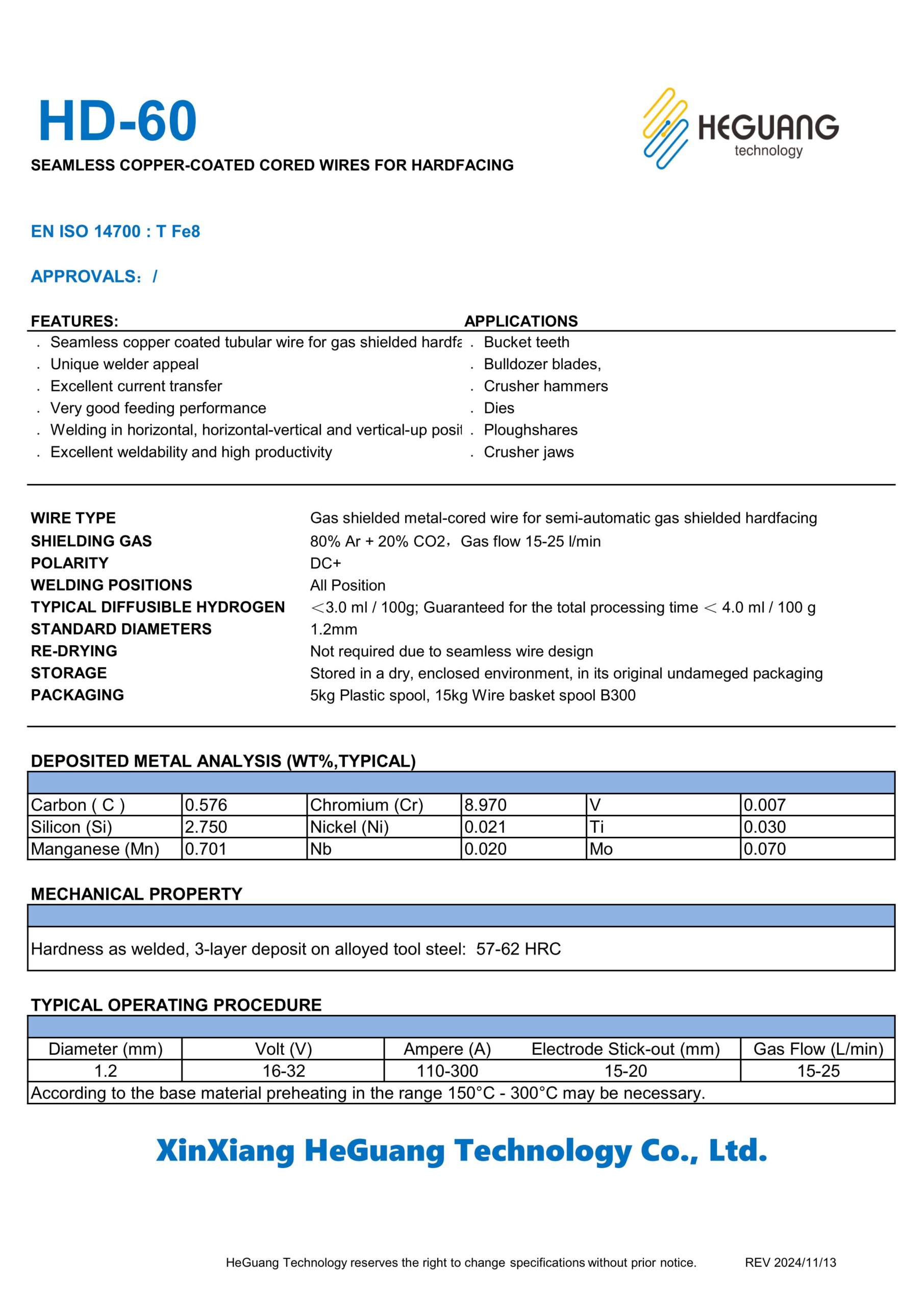 HD-60 Seamless Cored Wire (Hardfacing) Specifications
